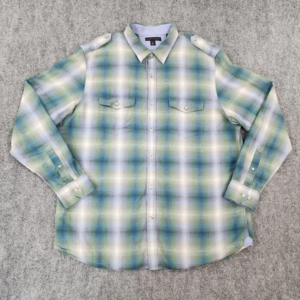 Banana Republic Shirt Mens XL Plaid Linen Blend Long Sleeve Button Up Coastal